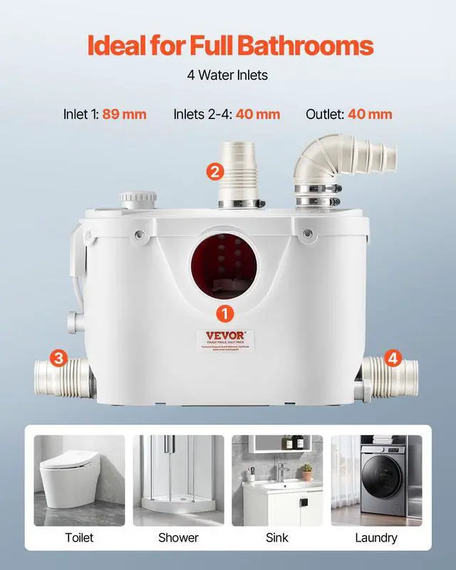 Alt view image 5 of 6 - 500W Macerator Pump, 29 GPM Flow, 26 ft/8 m Head, Macerator Sewerage Toilet Pump with 4 Water Inlets, Waste Water Disposal Upflush Machine for Toilet, Basement, Shower, Sink, Laundry, Bathtub