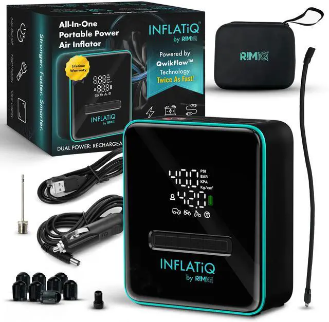Main image of INFLATiQ by Portable Tire Inflator Air Compressor Twice as Fast QwikFlow Technology with Auto Shut-Off 11.1V Rechargeable Air Pump with Metal Gears and Premium Carry Case (2 Pack)