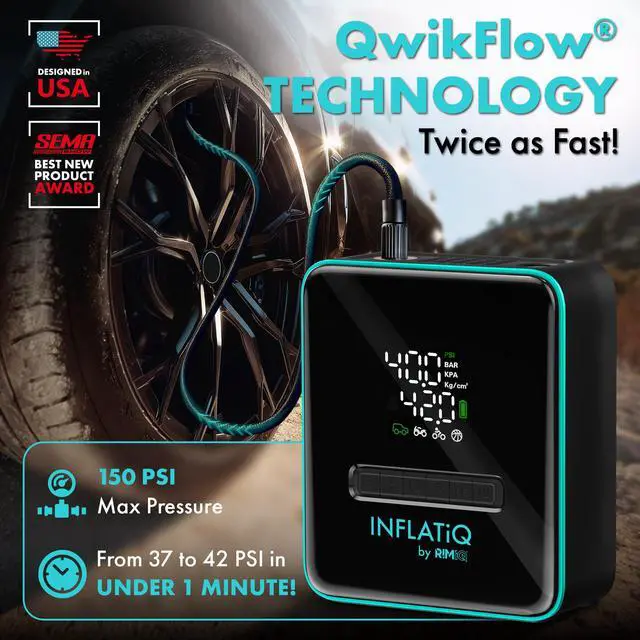 Alt view image 3 of 6 - INFLATiQ by Portable Tire Inflator Air Compressor Twice as Fast QwikFlow Technology with Auto Shut-Off 11.1V Rechargeable Air Pump with Metal Gears and Premium Carry Case (2 Pack)
