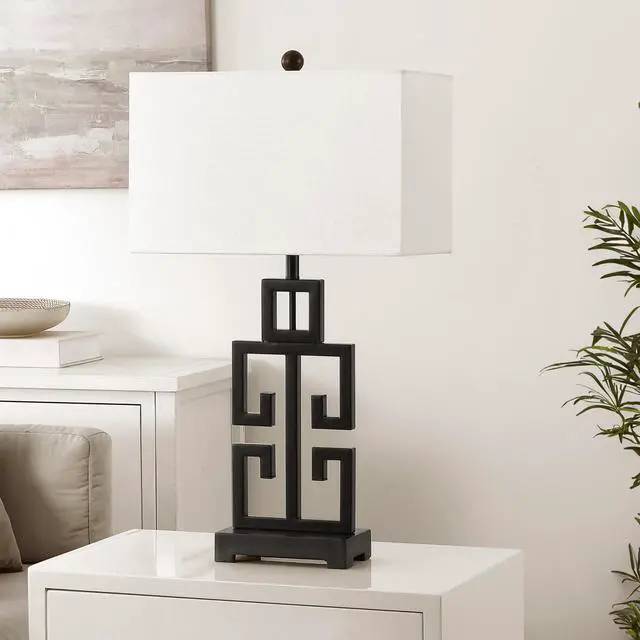 Alt view image 4 of 6 - Lighting Collection Greek Key Table Lamp Set of 2 Oil-Rubbed Bronze Base with White Fabric Shade, LED Bulbs Included, 29-Inch Bedroom Living Room Desk Lamps (LIT4305B-SET2)