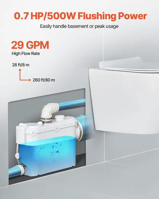 Alt view image 2 of 6 - Macerator Pump, 500W, 29 GPM Flow, 26 ft/8 m Head, Macerator Wall-Hung Toilet Pump with 4 Water Inlets, Waste Water Disposal Upflush Machine for Toilet, Basement, Shower, Sink, Laundry, Bathtub