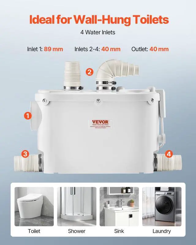 Alt view image 5 of 6 - Macerator Pump, 500W, 29 GPM Flow, 26 ft/8 m Head, Macerator Wall-Hung Toilet Pump with 4 Water Inlets, Waste Water Disposal Upflush Machine for Toilet, Basement, Shower, Sink, Laundry, Bathtub