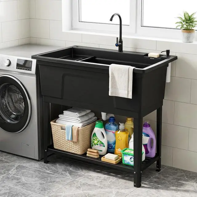 Alt view image 2 of 6 - Freestanding Utility Sink with Faucet & Drain Kit, 31 Gal Extra Large Laundry Tub with Bottom Storage Shelf, Soap Dispenser & Drying Rack, Garage Utility Wash Sink for Laundry Room, Basement