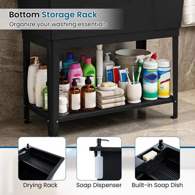 Alt view image 5 of 6 - Freestanding Utility Sink with Faucet & Drain Kit, 31 Gal Extra Large Laundry Tub with Bottom Storage Shelf, Soap Dispenser & Drying Rack, Garage Utility Wash Sink for Laundry Room, Basement