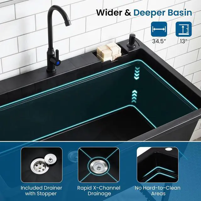 Alt view image 6 of 6 - Freestanding Utility Sink with Faucet & Drain Kit, 31 Gal Extra Large Laundry Tub with Bottom Storage Shelf, Soap Dispenser & Drying Rack, Garage Utility Wash Sink for Laundry Room, Basement