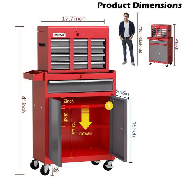 Alt view image 2 of 6 - 7-Drawer Tool Chest with Wheels | 40'' H Rolling Tool Chest | Detachable Top Metal Tool Box | Garage Storage Cabinet for Repair Room | Rolling Tool Box with Hooks,Liners,Tray Divider | Red