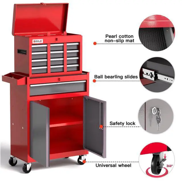 Alt view image 3 of 6 - 7-Drawer Tool Chest with Wheels | 40'' H Rolling Tool Chest | Detachable Top Metal Tool Box | Garage Storage Cabinet for Repair Room | Rolling Tool Box with Hooks,Liners,Tray Divider | Red