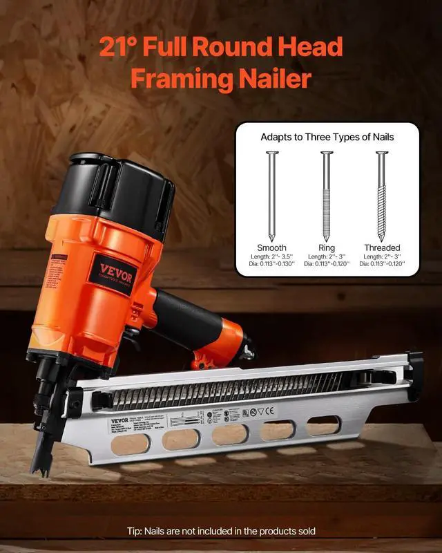 Alt view image 2 of 6 - Framing Nailer, 2" to 3-1/2" 21 Degree Full Round Head Pneumatic Framing Nailer with Dual Trigger Modes & Tool-Less Depth Adjustment, 80-120PSI Pro Air Nail Gun for Framing Flooring Decking