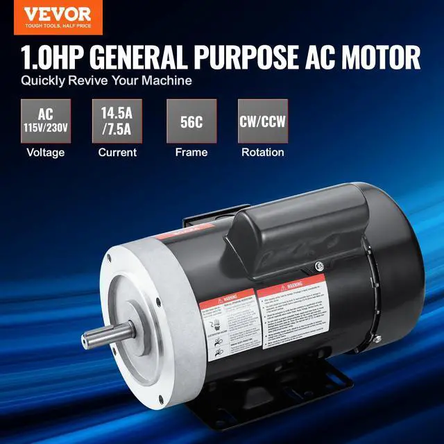 Alt view image 2 of 6 - 1HP Electric Motor 1725 RPM, AC 115V/230V, 56C Frame, Air Compressor Motor Single Phase, 5/8" Keyed Shaft, CW/CCW Rotation for Agricultural Machinery and General Equipment