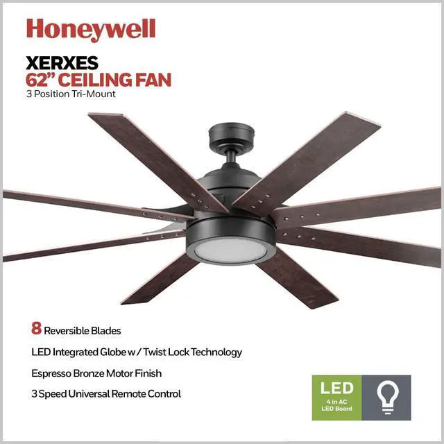 Alt view image 2 of 6 - Ceiling Fans Xerxes Modern 62 Inch Ceiling Fan with Light, Remote Control Fan, LED Indoor Fan with 8 Blades, Dark Elm and Rough Pine Blade Finish Options, Bronze (50609-01)