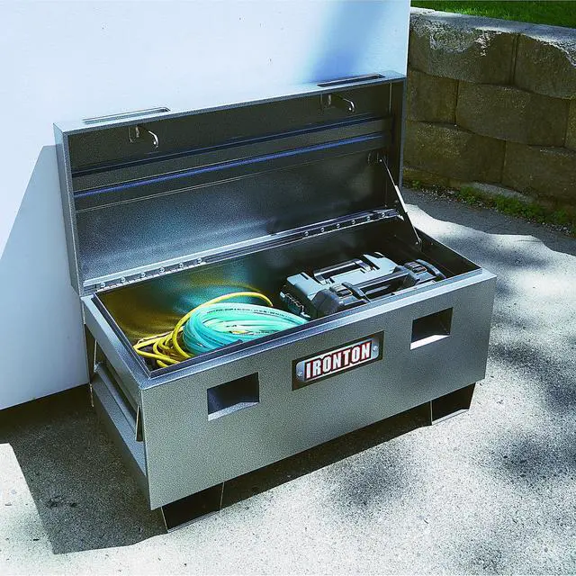 Alt view image 6 of 6 - 36-Inch Heavy-Duty Steel Jobsite Box, 16-Gauge Steel Storage Chest with Hammertone Finish and Lockable Lid, Grey