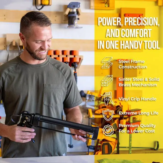 Alt view image 2 of 6 - Heavy Duty Caulk Gun, 18:1 Thrust Ratio, Steel Frame Construction, Rotating Barrel, Ladder Hook, Puncture Tool & No Drip Pressure Release Tab, 10 oz Caulking Gun, Pack of 6