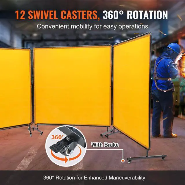 Alt view image 3 of 6 - Welding Screen with Frame, 6' x 6' 3 Panel Welding Curtain Screens, Flame-Resistant Vinyl Welding Protection Screen on 12 Swivel Wheels (6 Lockable), Movable & Professional for Workshop, Yellow