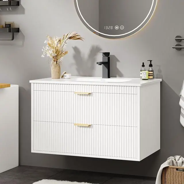 Main image of 24 Inch Bathroom Vanity with Sink, Wood Grain Wall Mounted Vanity with 2 Storage Darwers, Floating Bathroom Vanity with Storage, Bathroom Floating Vanity with Sink, White