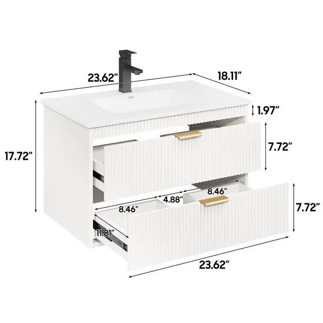 Alt view image 2 of 6 - 24 Inch Bathroom Vanity with Sink, Wood Grain Wall Mounted Vanity with 2 Storage Darwers, Floating Bathroom Vanity with Storage, Bathroom Floating Vanity with Sink, White