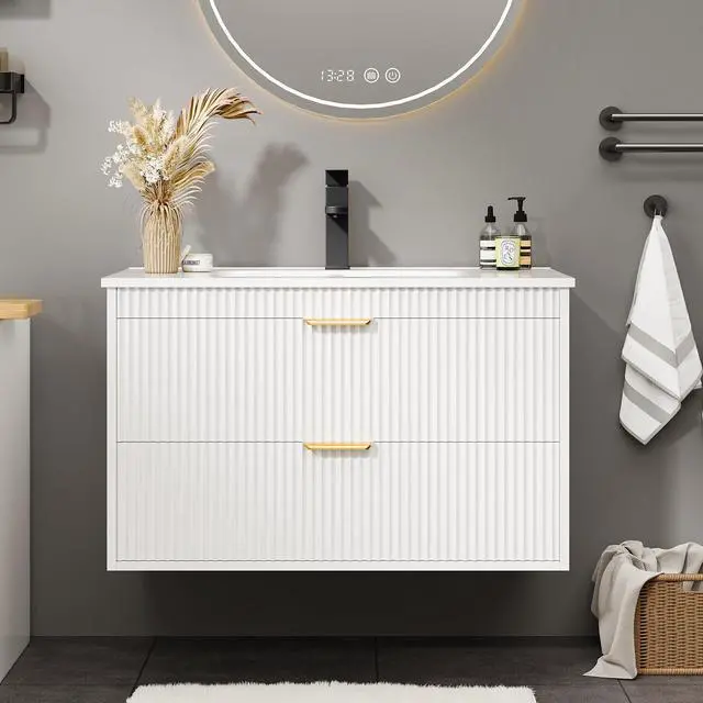 Alt view image 3 of 6 - 24 Inch Bathroom Vanity with Sink, Wood Grain Wall Mounted Vanity with 2 Storage Darwers, Floating Bathroom Vanity with Storage, Bathroom Floating Vanity with Sink, White