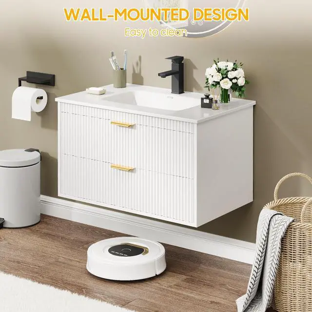 Alt view image 4 of 6 - 24 Inch Bathroom Vanity with Sink, Wood Grain Wall Mounted Vanity with 2 Storage Darwers, Floating Bathroom Vanity with Storage, Bathroom Floating Vanity with Sink, White