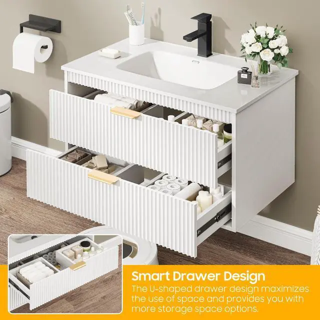 Alt view image 5 of 6 - 24 Inch Bathroom Vanity with Sink, Wood Grain Wall Mounted Vanity with 2 Storage Darwers, Floating Bathroom Vanity with Storage, Bathroom Floating Vanity with Sink, White