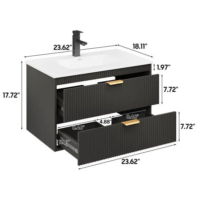 Alt view image 2 of 6 - 24 Inch Bathroom Vanity with Sink, Wood Grain Wall Mounted Vanity with 2 Storage Darwers, Floating Bathroom Vanity with Storage, Bathroom Floating Vanity with Sink, Black