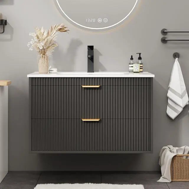Alt view image 3 of 6 - 24 Inch Bathroom Vanity with Sink, Wood Grain Wall Mounted Vanity with 2 Storage Darwers, Floating Bathroom Vanity with Storage, Bathroom Floating Vanity with Sink, Black