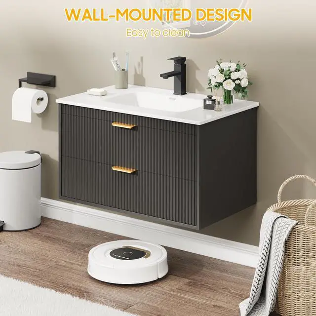 Alt view image 4 of 6 - 24 Inch Bathroom Vanity with Sink, Wood Grain Wall Mounted Vanity with 2 Storage Darwers, Floating Bathroom Vanity with Storage, Bathroom Floating Vanity with Sink, Black