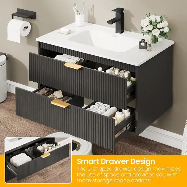 Alt view image 5 of 6 - 24 Inch Bathroom Vanity with Sink, Wood Grain Wall Mounted Vanity with 2 Storage Darwers, Floating Bathroom Vanity with Storage, Bathroom Floating Vanity with Sink, Black