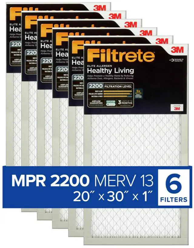 Main image of 20x30x1 AC Furnace Air Filter, MERV 13, MPR 2200, Elite Allergen, Bacteria & Virus Filter, 3-Month Pleated 1-Inch Electrostatic Air Cleaning Filter, 6-Pack (Actual Size 19.81x29.81x0.78 in)