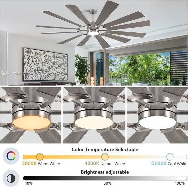 Alt view image 2 of 6 - 72'' Farmhouse Ceiling Fan with Light,12 Dual-Finish Wind Mill Blades, 3 Downrods, 6-Speed Reversible DC Motor, High CFM, 3CCT, Indoor Outdoor Modern Industrial Fans for Patio Commercial Shop Garage