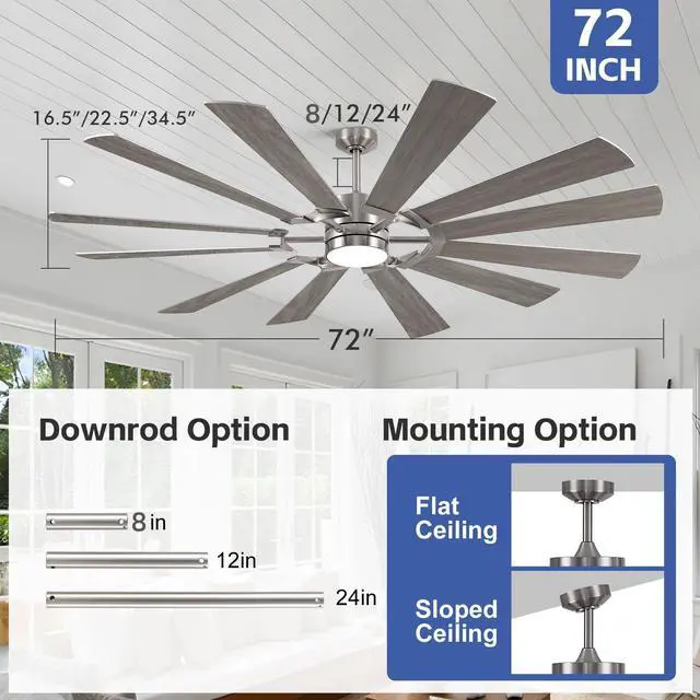 Alt view image 4 of 6 - 72'' Farmhouse Ceiling Fan with Light,12 Dual-Finish Wind Mill Blades, 3 Downrods, 6-Speed Reversible DC Motor, High CFM, 3CCT, Indoor Outdoor Modern Industrial Fans for Patio Commercial Shop Garage