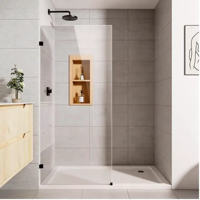 Main image of Shower Glass Panel Fixed Shower Screen, 34 W x 68 H 3/8 10mm Single Frameless Shower Doors for Walk in Shower with Clear Tempered Glass Explosion-Proof Film for Bathroom, Matte Black Hardware