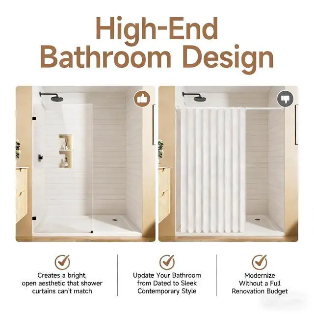 Alt view image 2 of 6 - Shower Glass Panel Fixed Shower Screen, 34 W x 68 H 3/8 10mm Single Frameless Shower Doors for Walk in Shower with Clear Tempered Glass Explosion-Proof Film for Bathroom, Matte Black Hardware