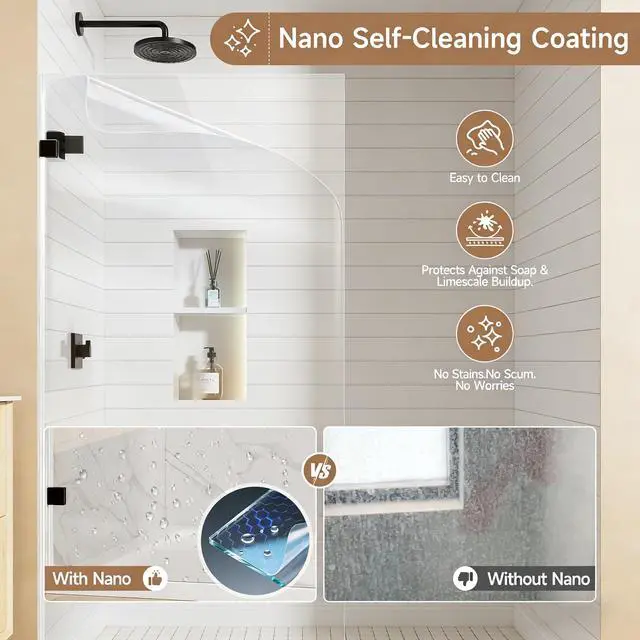 Alt view image 5 of 6 - Shower Glass Panel Fixed Shower Screen, 34 W x 68 H 3/8 10mm Single Frameless Shower Doors for Walk in Shower with Clear Tempered Glass Explosion-Proof Film for Bathroom, Matte Black Hardware