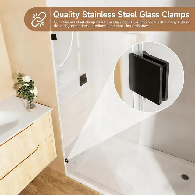 Alt view image 6 of 6 - Shower Glass Panel Fixed Shower Screen, 34 W x 68 H 3/8 10mm Single Frameless Shower Doors for Walk in Shower with Clear Tempered Glass Explosion-Proof Film for Bathroom, Matte Black Hardware