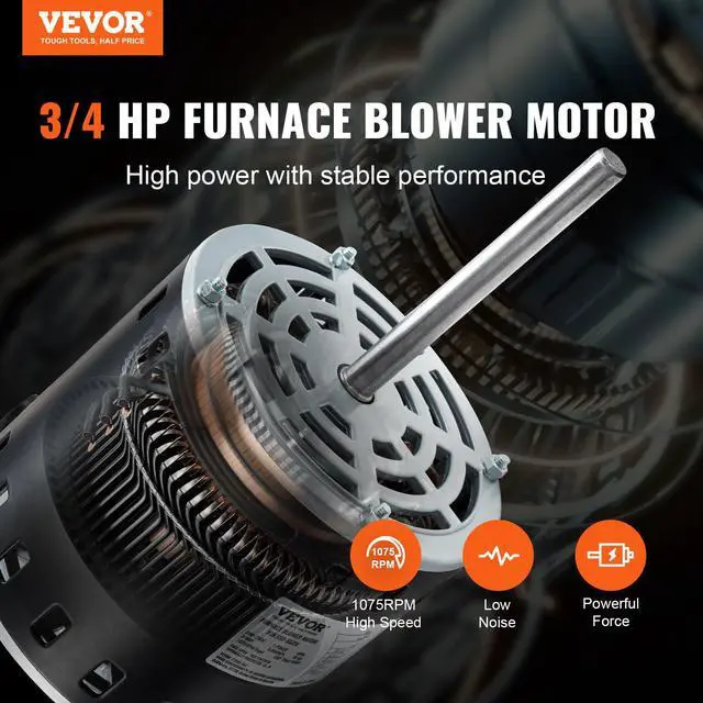 Alt view image 2 of 6 - 3/4HP Furnace Blower Motor, 208/230V 3.85Amps, 1075RPM 5 Speeds, CW/CCW Rotation, 48 Frame 4.8" Shaft Length, 10F/450V Capacitor + 11" Hold Hoop
