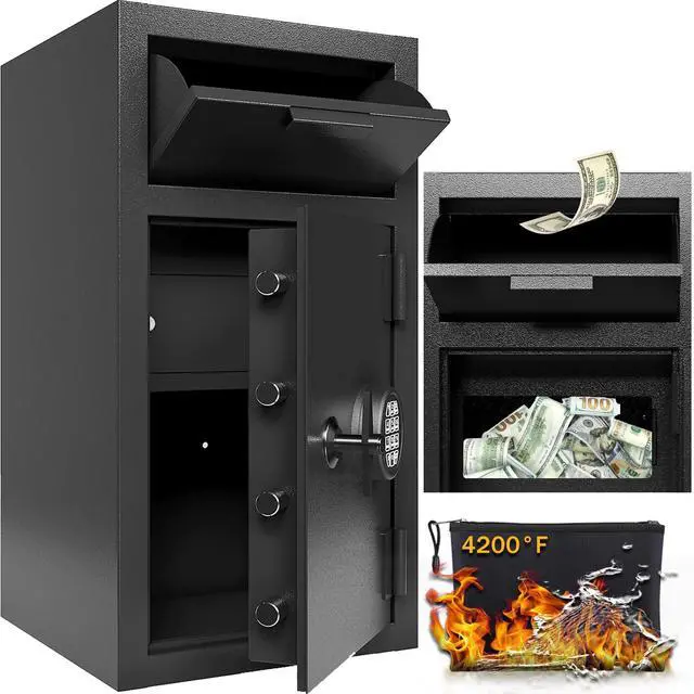 Main image of 4 CUB Commercial Front-Drop Safe Box Fireproof Waterproof, Money Safe Box with Anti-Fishing & Free Fireproof Bag for Home, Office, Jewelry, Documents