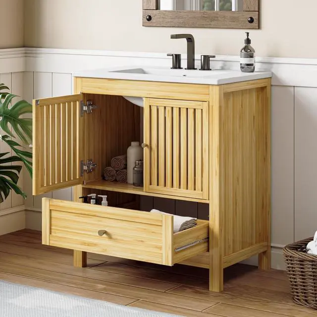 Main image of 30" Bathroom Vanity with Single Sink, Solid Wooden Free Standing Bathroom Cabinet, Farmhouse Bamboo Storage Cabinet with Large Drawer, Soft-Closing Louvered Doors with Built-in Shelves