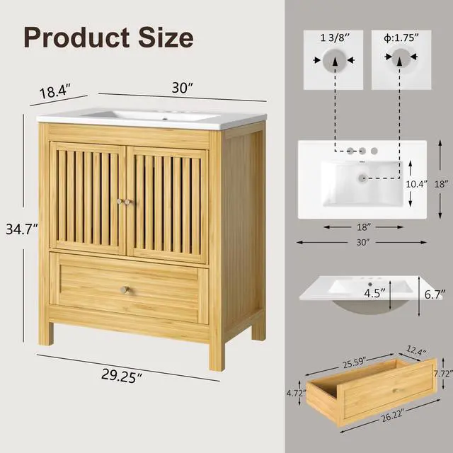 Alt view image 2 of 6 - 30" Bathroom Vanity with Single Sink, Solid Wooden Free Standing Bathroom Cabinet, Farmhouse Bamboo Storage Cabinet with Large Drawer, Soft-Closing Louvered Doors with Built-in Shelves