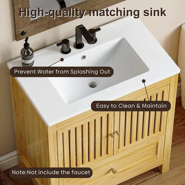 Alt view image 3 of 6 - 30" Bathroom Vanity with Single Sink, Solid Wooden Free Standing Bathroom Cabinet, Farmhouse Bamboo Storage Cabinet with Large Drawer, Soft-Closing Louvered Doors with Built-in Shelves
