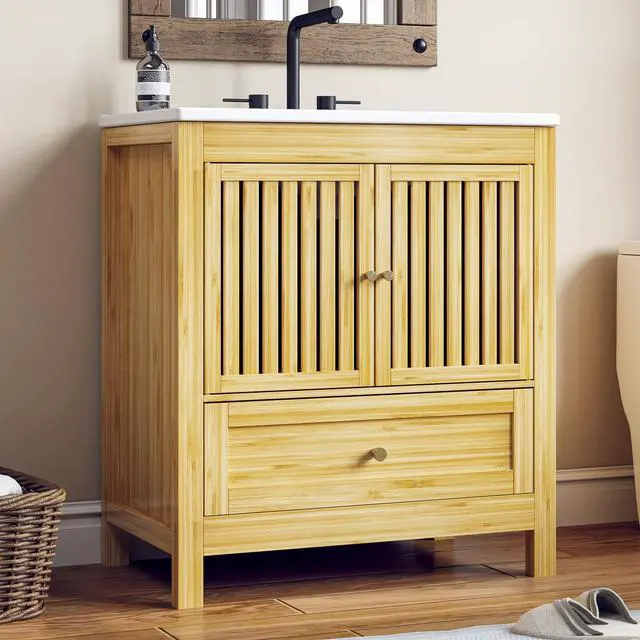 Alt view image 4 of 6 - 30" Bathroom Vanity with Single Sink, Solid Wooden Free Standing Bathroom Cabinet, Farmhouse Bamboo Storage Cabinet with Large Drawer, Soft-Closing Louvered Doors with Built-in Shelves