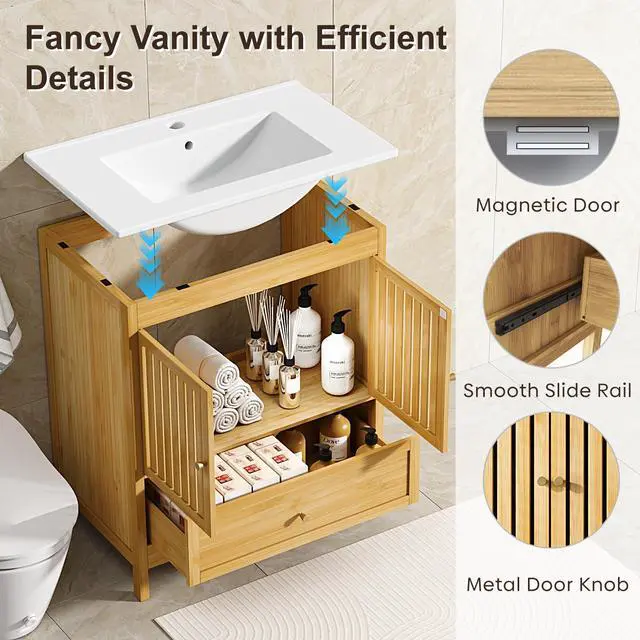 Alt view image 5 of 6 - 30" Bathroom Vanity with Single Sink, Solid Wooden Free Standing Bathroom Cabinet, Farmhouse Bamboo Storage Cabinet with Large Drawer, Soft-Closing Louvered Doors with Built-in Shelves