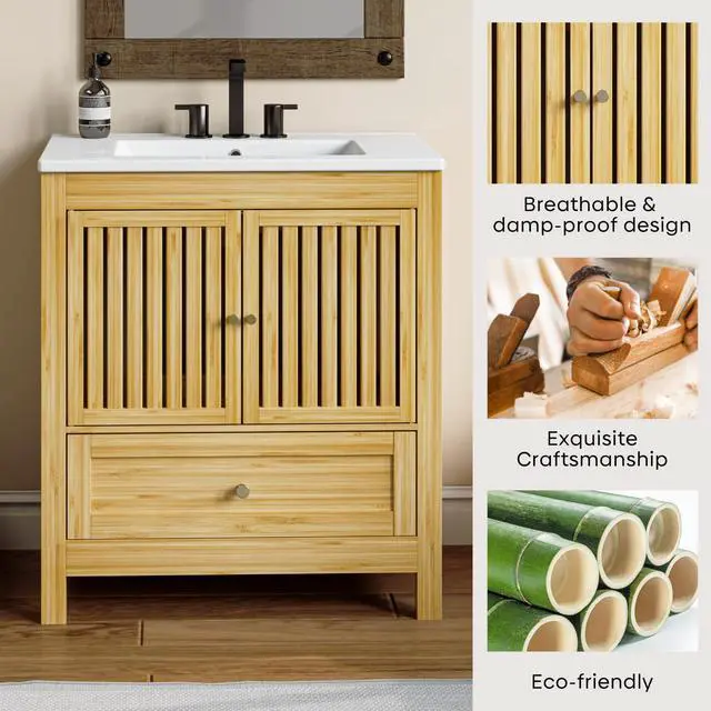Alt view image 6 of 6 - 30" Bathroom Vanity with Single Sink, Solid Wooden Free Standing Bathroom Cabinet, Farmhouse Bamboo Storage Cabinet with Large Drawer, Soft-Closing Louvered Doors with Built-in Shelves