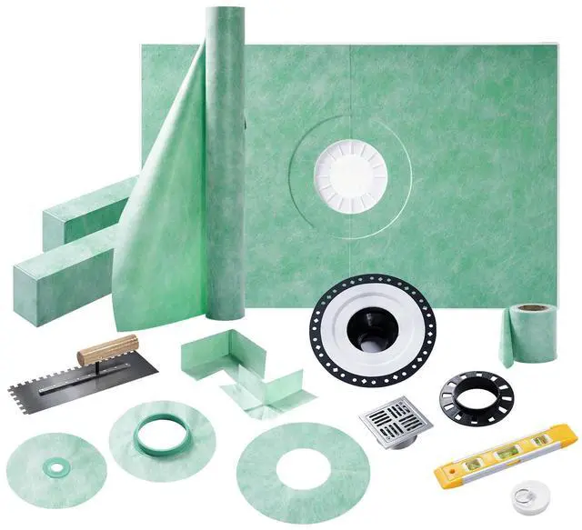 Main image of Shower Curb Kit, Full Shower Installation Set with 38" x 60" Tray, Curb, Membrane, Seals, Bonding Flange, Corners, Trowel & Level, Center Outlet