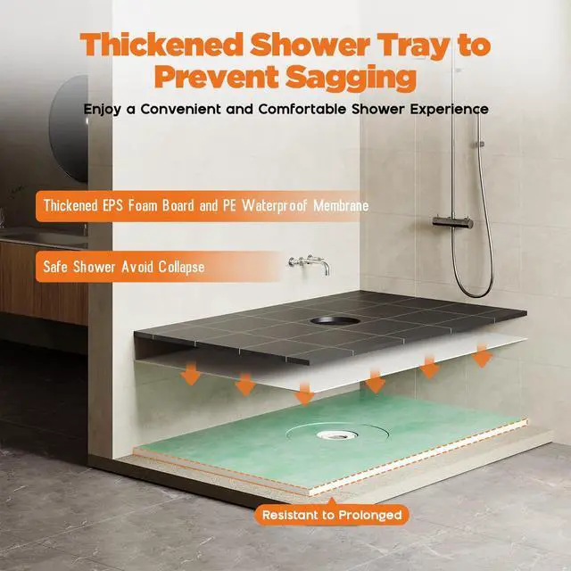 Alt view image 2 of 6 - Shower Curb Kit, Full Shower Installation Set with 38" x 60" Tray, Curb, Membrane, Seals, Bonding Flange, Corners, Trowel & Level, Center Outlet