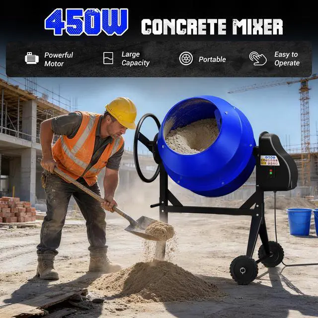 Alt view image 2 of 6 - 4.3 Cu.Ft Concrete Mixer, 450W (3/5HP) Heavy Duty Portable Cement Mixer with Wheel & Stand for Mortar, Stucco, Fodder - Blue Construction Mixing Machine