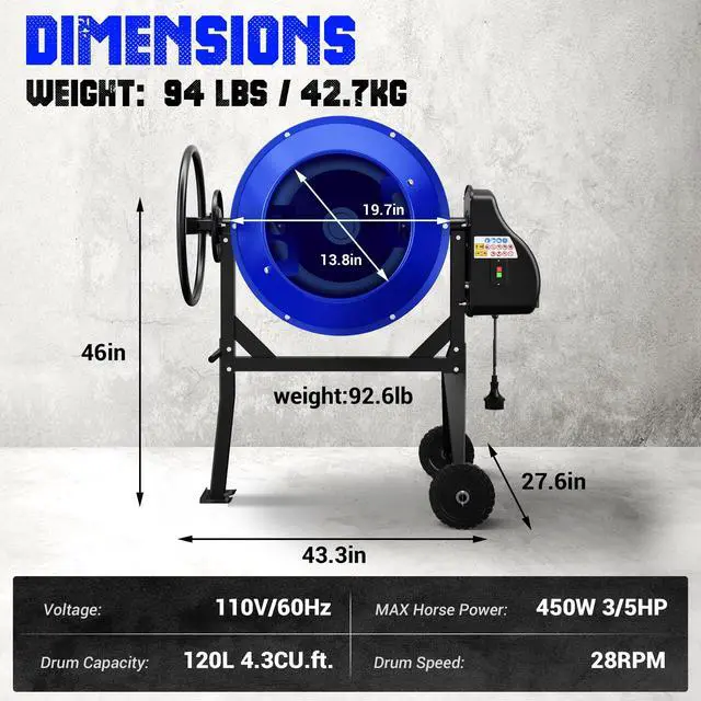 Alt view image 3 of 6 - 4.3 Cu.Ft Concrete Mixer, 450W (3/5HP) Heavy Duty Portable Cement Mixer with Wheel & Stand for Mortar, Stucco, Fodder - Blue Construction Mixing Machine