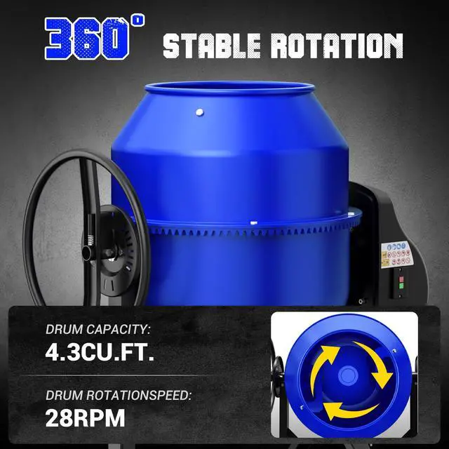 Alt view image 5 of 6 - 4.3 Cu.Ft Concrete Mixer, 450W (3/5HP) Heavy Duty Portable Cement Mixer with Wheel & Stand for Mortar, Stucco, Fodder - Blue Construction Mixing Machine