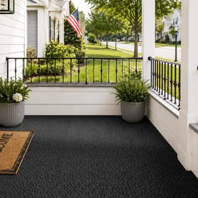 Main image of Plastic Interlocking Cobbled Stone Tile (60PCS) 12" x 12", Patio Tiles Outdoor Waterproof Non Slip, Interlocking Drainage Tiles for Pool, Basement, Shower, Bathroom, Backyard, Garden (Black)