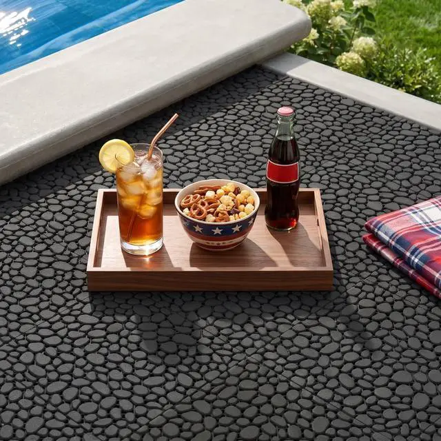 Alt view image 3 of 6 - Plastic Interlocking Cobbled Stone Tile (60PCS) 12" x 12", Patio Tiles Outdoor Waterproof Non Slip, Interlocking Drainage Tiles for Pool, Basement, Shower, Bathroom, Backyard, Garden (Black)