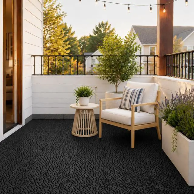 Alt view image 4 of 6 - Plastic Interlocking Cobbled Stone Tile (60PCS) 12" x 12", Patio Tiles Outdoor Waterproof Non Slip, Interlocking Drainage Tiles for Pool, Basement, Shower, Bathroom, Backyard, Garden (Black)
