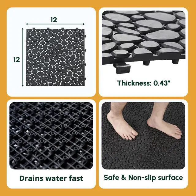 Alt view image 6 of 6 - Plastic Interlocking Cobbled Stone Tile (60PCS) 12" x 12", Patio Tiles Outdoor Waterproof Non Slip, Interlocking Drainage Tiles for Pool, Basement, Shower, Bathroom, Backyard, Garden (Black)